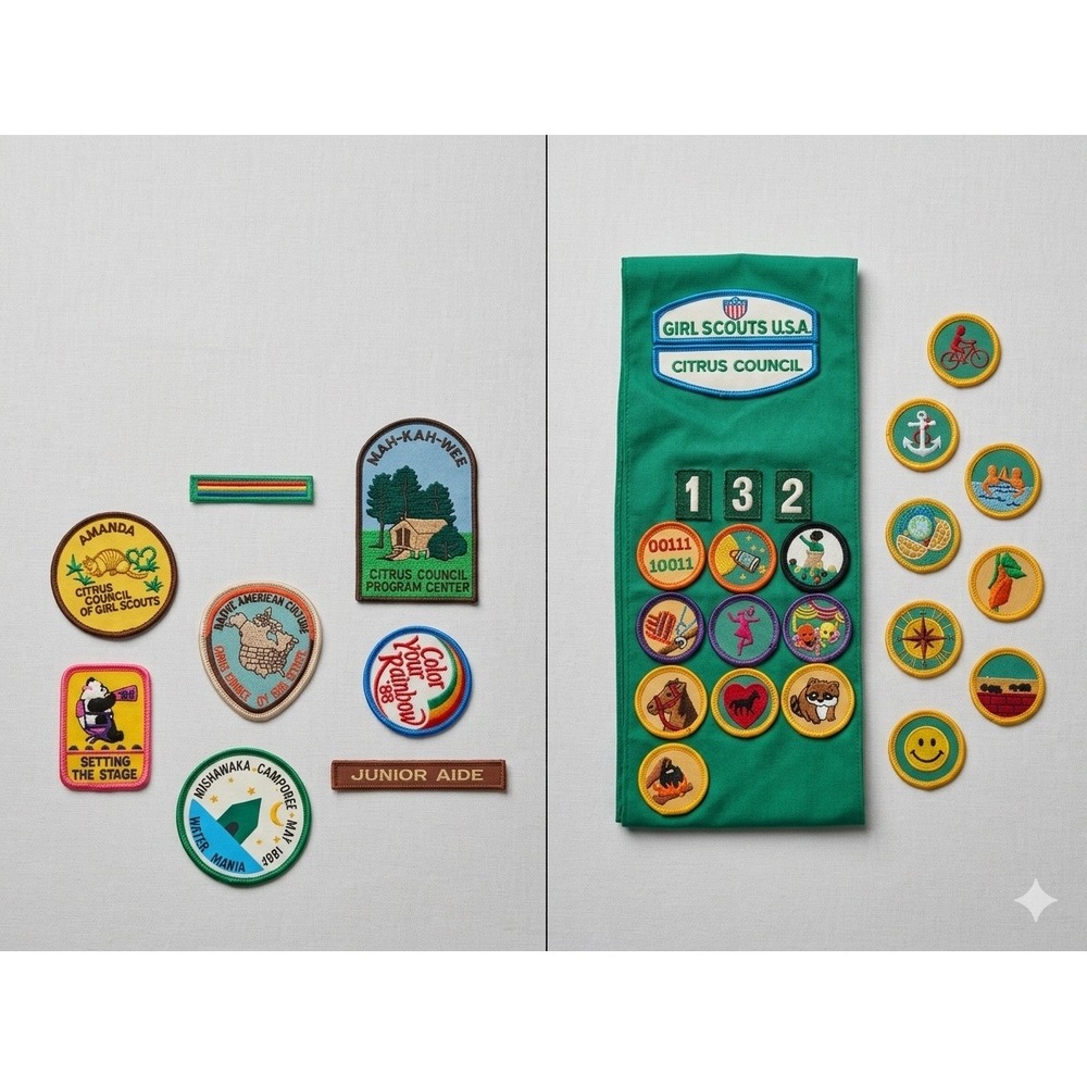 Vintage Girl Scouts USA Citrus‎ Council Sash Troop 132 80s Patches Merit Badges